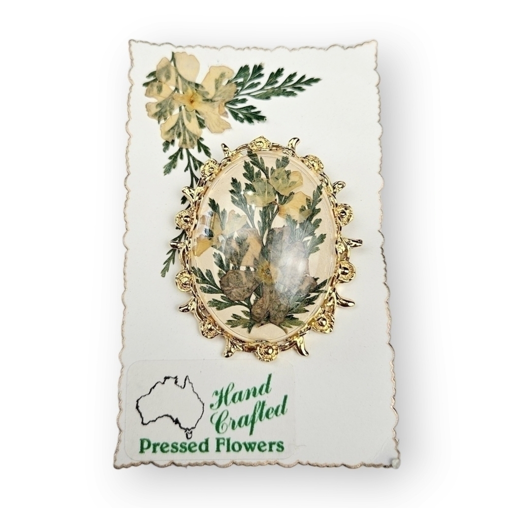 Pressed Dried Flower Brooch Pendant Australian Gold Plated Floral Vintage 2"